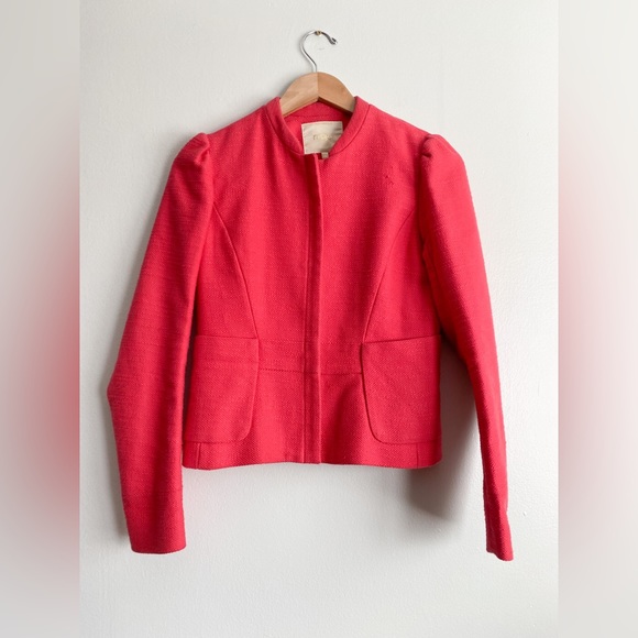 $660‼️MAJE Tweed Short Blazer Jacket Collarless Long Pleated Sleeves Pink Red M - Picture 7 of 13